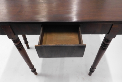 A 19thC mahogany fold over tea table, of D end form, on turned legs, when closed 73cm high, 93cm wide, 45cm deep. - 2