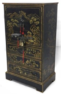 A 20thC Japanned lacquered cabinet, profusely decorated with buildings, trees, boat, and hills, with two doors above three drawers, on block base, 121cm high, 65cm wide, 41cm deep.