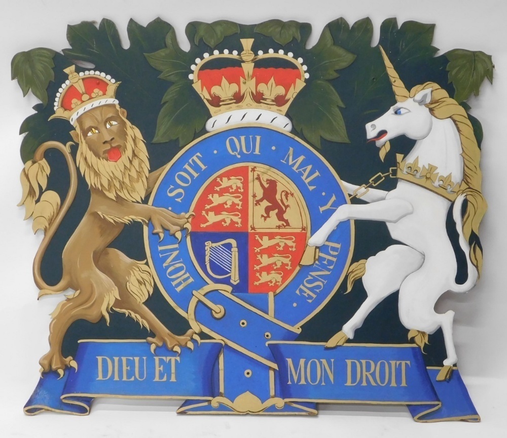 A painted wooden royal lion and unicorn crest, Dieu Et Mon Droit, with  various signatures verso