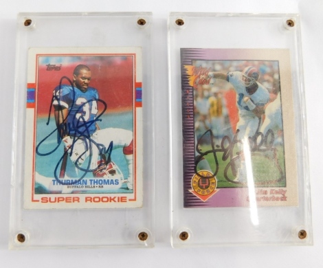 A Thurman Thomas Super Rookie Running Back Buffalo Bills Topps baseball card, bearing signature, and another Jim Kelly quarter back. (2)