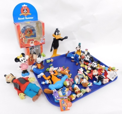 Various Walt Disney figures, celluloid Goofy, 15cm wide, other Goofy, Minnie Mouse, Dwarfs, Road Runner box, boxed Sylvester toy, etc. (a quantity)