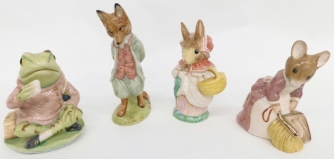 Various Beswick limited edition Beatrix Potter figures, Jeremy Fisher no. 875/1947, 14cm high, Foxy Whiskered Gentleman, Hunca Munca Sweeping and Mrs Rabbit, printed marks beneath. (4)