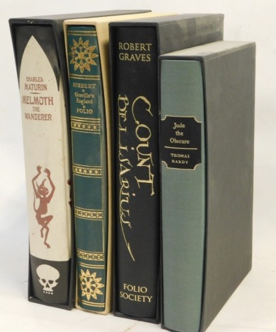 Various Folio Society books, Maturn (Charles) Melmoth The Wanderer, Hibbart, Greville's England, Graves (Robert) Count Belisarus and Hardy (Thomas) Jude The Obscure, in outer sleeves. (4)