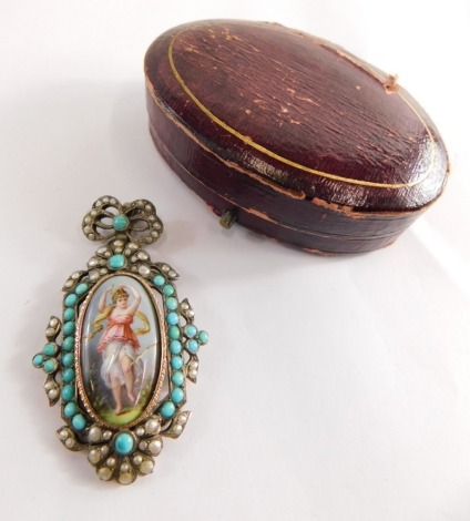 A turquoise and seed pearl pendant/brooch, the central oval panel set with a transfer printed figure of a maiden, in a relief turquoise border, with bow top set with seed pearls, 5.6cm x 3cm, in a white metal setting, unmarked, believed to be silver, 17.1