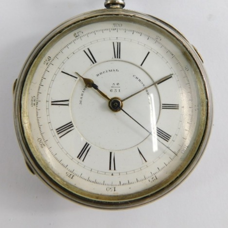 A Victorian silver marine chronograph watch, with keywind and white enamel Roman numeric dial, marked 56/651, with gold hands, Chester 1856, 158g all in.