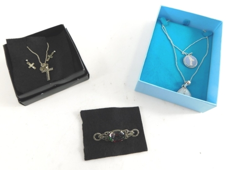 Silver and other costume jewellery, comprising a silver and marcasite necklace and earring set, a Wedgwood silver pendant and chain, gold coloured brooch further pendant and chain and a paste stone set Mystic Topaz style bar brooch. (a quantity)