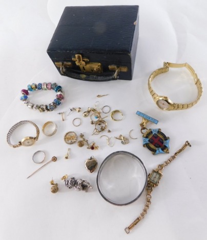 A group of costume jewellery, comprising a silver Lincoln Imp, small scrap 9ct gold jewellery, Timex ladies wristwatch, imitation Pandora style bracelet, etc. (1 box)