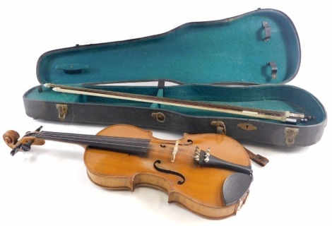 A cased practice violin or fiddle, with 32cm main body, with two pieced back, inlaid with a geometric design, with scroll end, 53cm overall, and two part plated nickel bows. (cased)