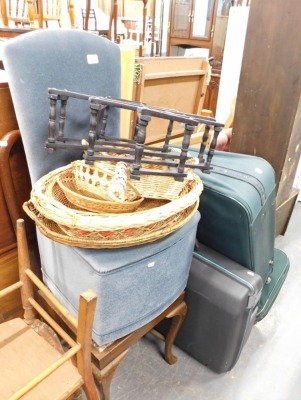 Various chairs, wicker carpet beater, suitcases, pine box, etc. (a quantity)
