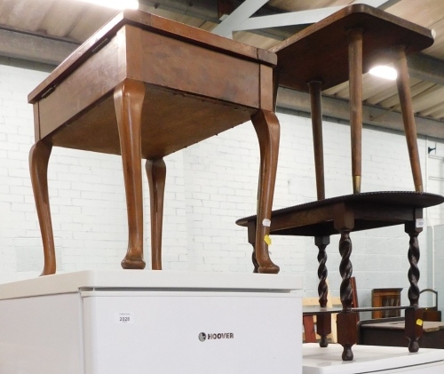 An oak barley twist side table, and a small side table, stool and table with folding legs. (4)