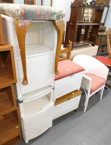 Various Lloyd Loom style and other items, tub chair, blanket boxes, etc., and a cabriole legged stool.