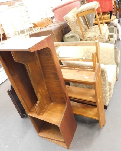 A pine open bookcase, clothes horse, tub chair, various other chairs, upholstered wing chair, etc. (a quantity)