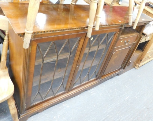 Various furniture, sideboard, Edwardian footstool, pine chest of two short and three long drawers, open cabinet, upholstered chair, etc. (a quantity)