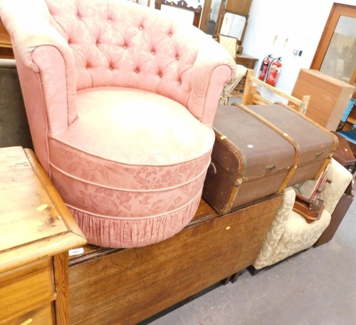 A domed top trunk, oak drop leaf table, studded back tub chair, Victorian toilet mirror, various other furniture, etc. (a quantity, AF)