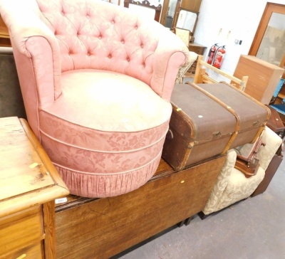 A domed top trunk, oak drop leaf table, studded back tub chair, Victorian toilet mirror, various other furniture, etc. (a quantity, AF)