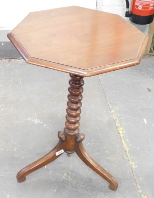 A 19thC mahogany occasional table, with a square top, a turned column and tripod base.