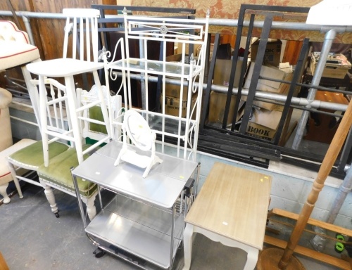 Various furniture including two pantry chairs, barstool, metal folding display stand, folding tea trolley, coffee table, mirror and baize topped card table.