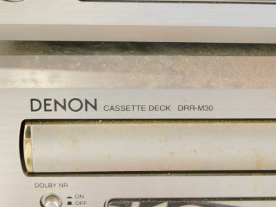 A Denon CDR-M30 stacking system, in three sections, with two speakers, and a Pro-ject turntable, in Perspex case, 45cm wide and a small quantity of record sleeves etc. - 4
