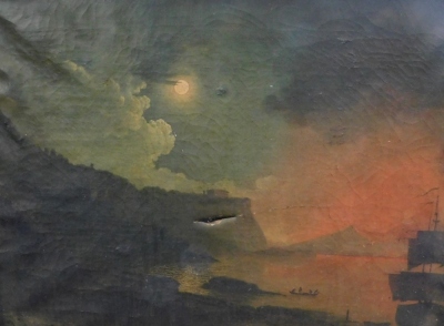 Follower of Joseph Wright of Derby. An eruption of Mount Vesuvius across the moonlit Bay of Naples, oil on canvas, 64cm x 85cm. (AF) Provenance: Included in the catalogue of the sale of the house contents of The Old Rectory, Ufford, Nr Stamford on 18/19 - 6