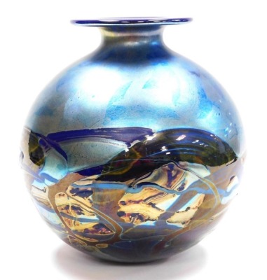 A Michael Harris Isle of Wight glass 'Nightscape' vase, of globular form with a short neck and flat rim, decorated with iridescent trails against a blue ground, with paper label and signed to underside, 26cm high. - 2