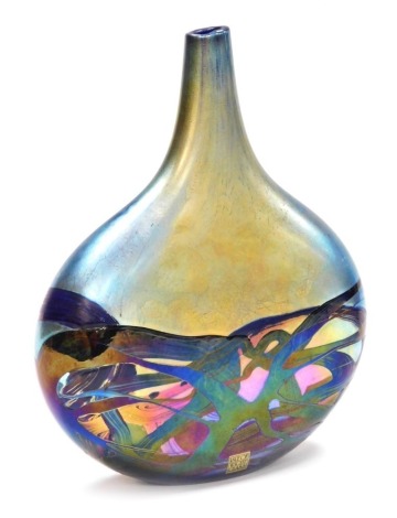 A Michael Harris Isle of Wight glass 'Nightscape' vase, of lollipop form, decorated with iridescent trails against a blue ground, with paper label and signed to underside, 23cm high, boxed.