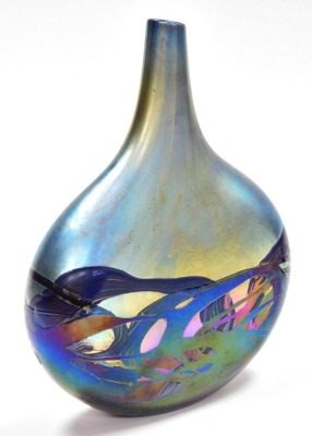 A Michael Harris Isle of Wight glass 'Nightscape' vase, of lollipop form, decorated with iridescent trails against a blue ground, with paper label and signed to underside, 23cm high, boxed. - 2