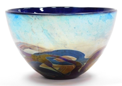 A Michael Harris Isle of Wight glass 'Nightscape' bowl, decorated with iridescent trails against a blue ground, with paper label and signed to underside, 15.5cm diameter, boxed. - 2