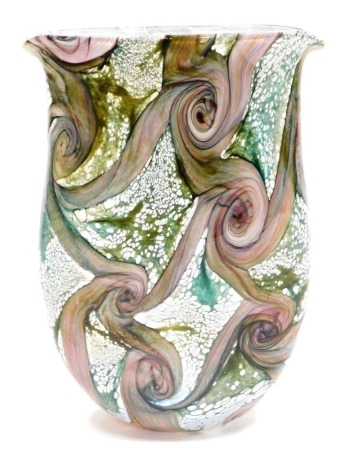 An Isle of Wight glass 'Gemstone' bag vase, designed by Timothy and Jonathan Harris, decorated with purple swirls against a mottled green ground, bearing paper label, unsigned, 27cm high.