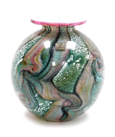 An Isle of Wight glass 'Gemstone' vase, designed by Timothy and Jonathan Harris, of globular form with a flattened rim, decorated with purple swirls against a mottled green ground, bearing paper label, unsigned, 15cm high, boxed.