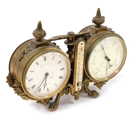 A late 19thC Howell, James and Company of Paris brass cased clock and barometer, the clock with circular enamel dial bearing Roman numerals, with complimentary barometer dial, flanking a thermometer, the case of double barrel form, with central carrying h