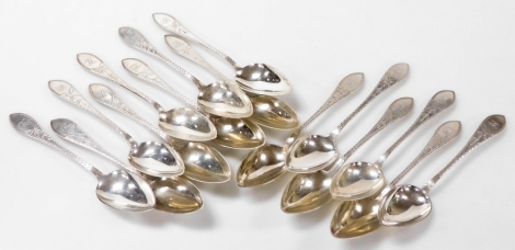 A set of fifteen Meyer Danish silver table spoons, foliate engraved, shield reserve monogram engraved, 23.04oz.