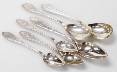 A group of Meyer and other Danish silver and plated flatware, foliate engraved, shield reverse monogram engraved, comprising three coffee spoons and two further spoons, together with a plated spoon, 3.46oz silver.