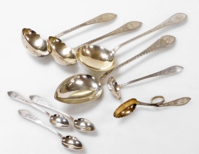 A group of Meyer and other Danish silver table flatware, foliate engraved, shield reserve monogram engraved, comprising a Meyer fruit spoon, table spoon, pair of cream ladles, spirit ladle and three coffee spoons, together with a Christian Heise child's s