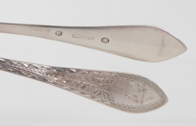 A group of Meyer and other Danish silver table flatware, foliate engraved, shield reserve monogram engraved, comprising a Meyer fruit spoon, table spoon, pair of cream ladles, spirit ladle and three coffee spoons, together with a Christian Heise child's s - 2