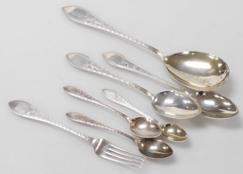 A group of Meyer and other Danish silver and plated table flatware, foliate engraved, with vacant shield reserves, comprising a dessert fork, coffee spoon and a pair of dessert spoons, Christian Heise fruit spoon, and a pair of plated coffee spoons, 6.29o