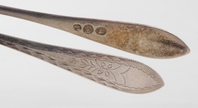 A group of Meyer and other Danish silver and plated table flatware, foliate engraved, with vacant shield reserves, comprising a dessert fork, coffee spoon and a pair of dessert spoons, Christian Heise fruit spoon, and a pair of plated coffee spoons, 6.29o - 2