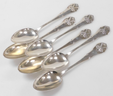 A set of six Meyer Danish silver table spoons, with fleur-de-lis terminals, 10.82oz.