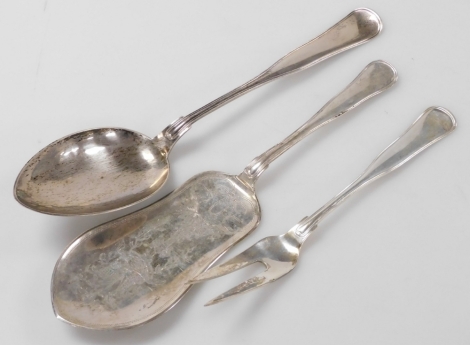 Three items of Danish silver tableware, comprising a Heymann cake slice, Meyer basting spoon and a meat fork, each piece engraved verso, 6.86oz.