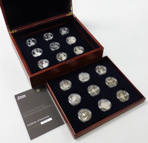 A Royal Mint The History of The RAF silver proof crown collection, the fitted case containing eighteen silver coins, no.70, with presentation certificates, total weight 28.28g, with outer cardboard box.