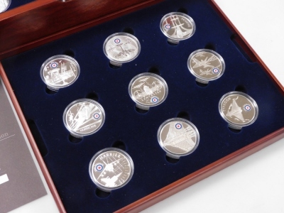 A Royal Mint The History of The RAF silver proof crown collection, the fitted case containing eighteen silver coins, no.70, with presentation certificates, total weight 28.28g, with outer cardboard box. - 2