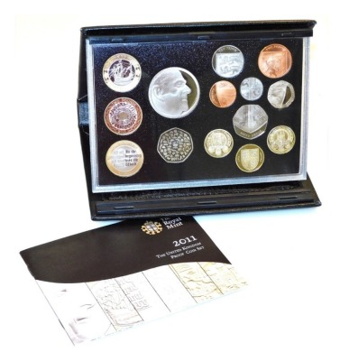 A Royal Mint 2011 United Kingdom proof coin set, in presentation case with leaflet and outer cardboard packaging.