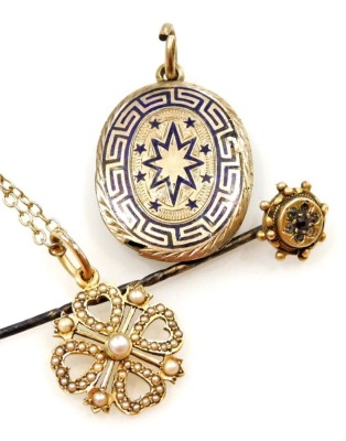 An Edwardian seed pearl set floral pendant, in yellow metal, on a plated neck chain, 19thC oval hair locket pendant, in yellow metal with blue enamel, and a 15ct gold and garnet set stick pin. (3)