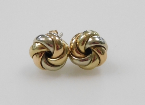 A pair of 9ct three colour gold circular twist earrings, 2.0g.