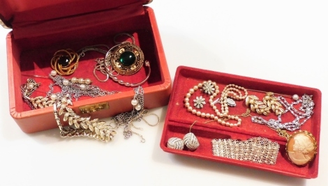 Silver and costume jewellery, including a cameo brooch, bust portrait of a lady, paste set clip earrings, a torc, neck chains and brooches. (a quantity)