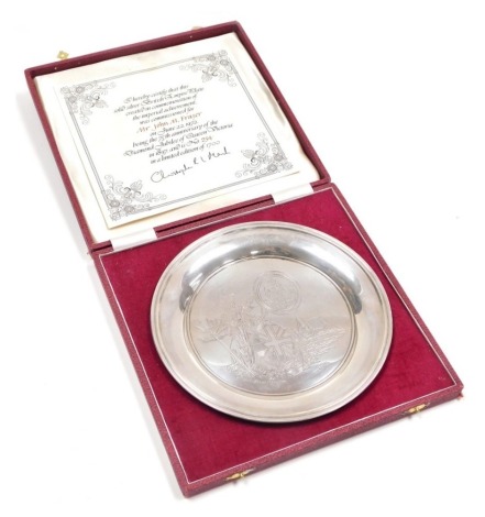 An Elizabeth II silver British Empire commemorative salver, commissioned for Mr John M. Frazer June 22 1972 on the 75th Anniversary of the Diamond Jubilee of Queen Victoria, number 254/1700, the centre of the salver engraved with a depiction of Britannia 