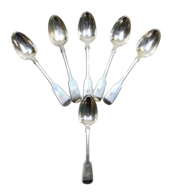 A set of six William IV silver fiddle pattern teaspoons, initial engraved, William Eaton, London 1834, 4.99oz.