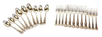 A group of Gorham Kings pattern silver plated flatware, comprising six dinner forks, six dessert spoons, three serving spoons, and six similar dessert forks, many monogrammed.