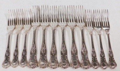 A group of Gorham Kings pattern silver plated flatware, comprising six dinner forks, six dessert spoons, three serving spoons, and six similar dessert forks, many monogrammed. - 2