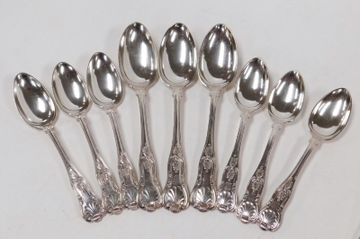 A group of Gorham Kings pattern silver plated flatware, comprising six dinner forks, six dessert spoons, three serving spoons, and six similar dessert forks, many monogrammed. - 3