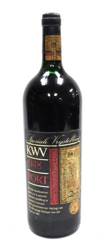 A bottle of Spesiale Vrystelling KWV 1948 port, 1.5 litres.